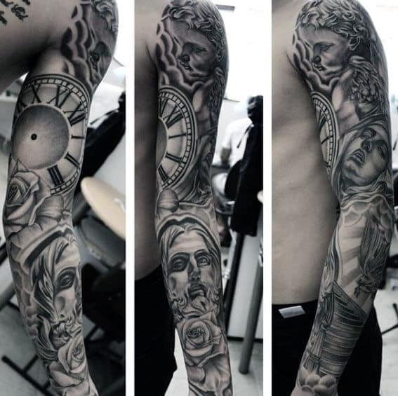 Roman Numeral Clock With Jesus Guys Sleeve Tattoo