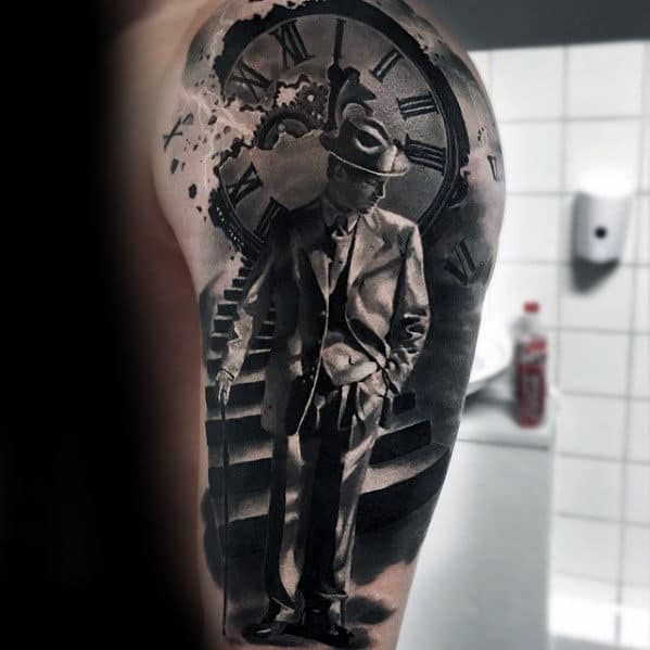 Roman Numeral Clock With Man In Suit Hyper Realistic Arm Tattoo