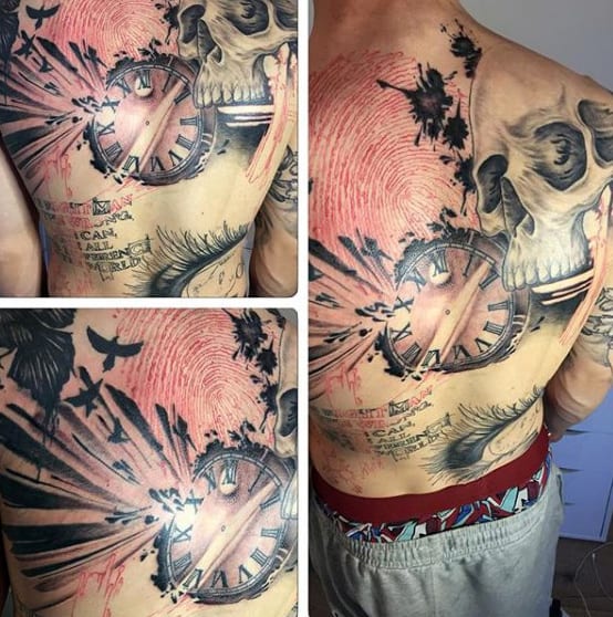 Roman Numeral Clock With Skull Trash Polka Back Tattoos For Men