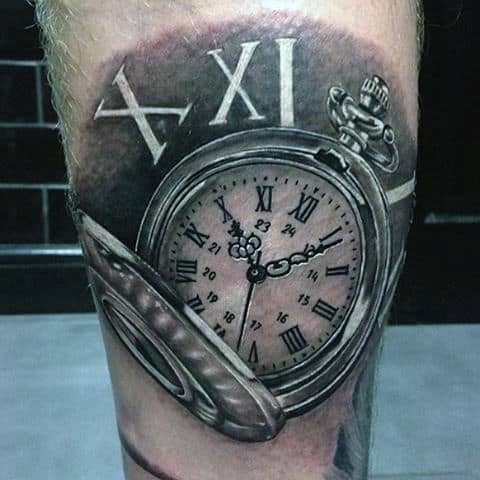 Roman Numeral Pocket Watch Tattoo On Legs Men