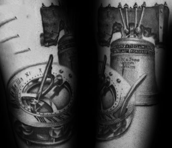 Roman Numeral Sun Dial With Liberty Bell Mens Shaded Tattoos