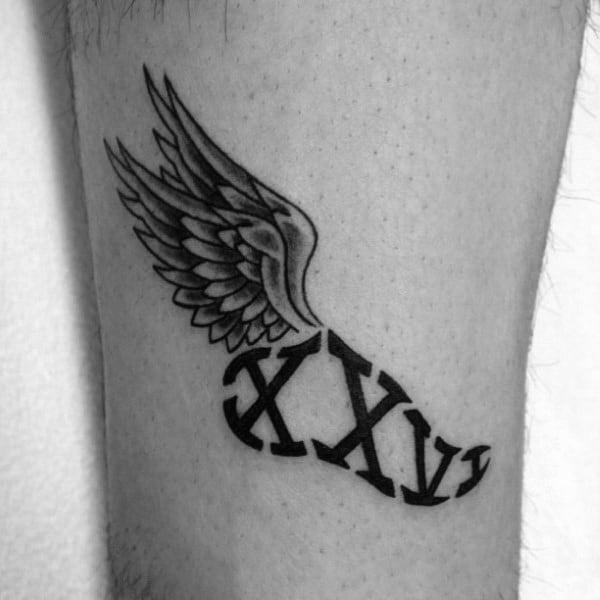 Roman numeral XXVI.II tattoo paired with a detailed wing, symbolizing the freedom, endurance, and pride of completing a marathon.
