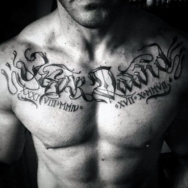 Roman Numerals Guys Name Chest Tattoos
