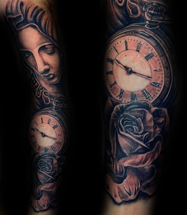 Roman Numerals Pocket Watch Virgin Mary Sleeve Tattoos For Guys