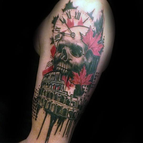 Roman Skull Trash Polka Mens Upper Arm Tattoos