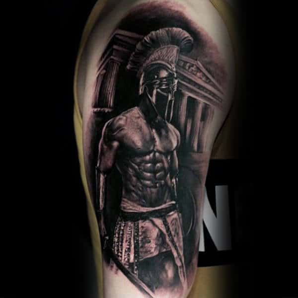 Roman Warrior Spartan Black Ink Upper Arm Guys Tattoos