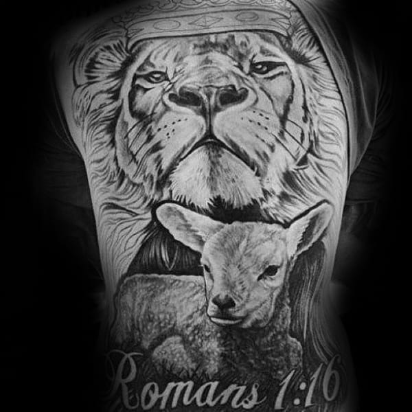 Romans Religious Mens Lion And Lamb Animal Back Tattoo