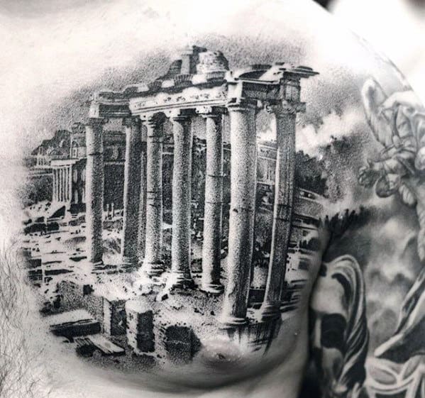 Rome Architecture Sweet Mens 3d Realistic Upper Chest Tattoos