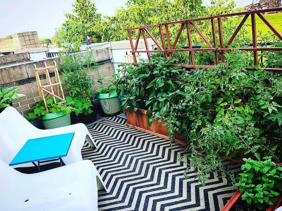 rooftop balcony vegetable garden white seats