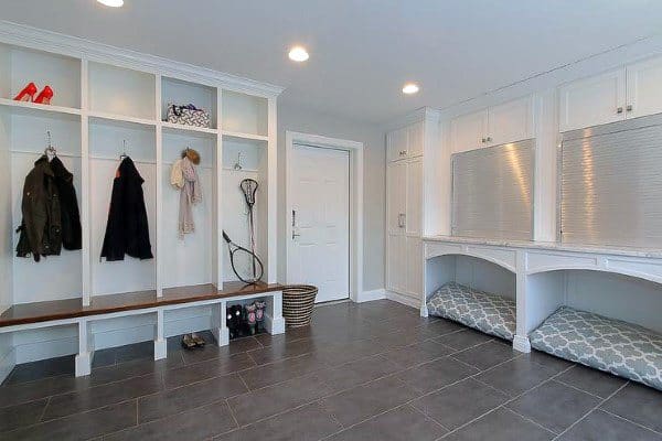 built-in dog beds wall cabinets tile floor