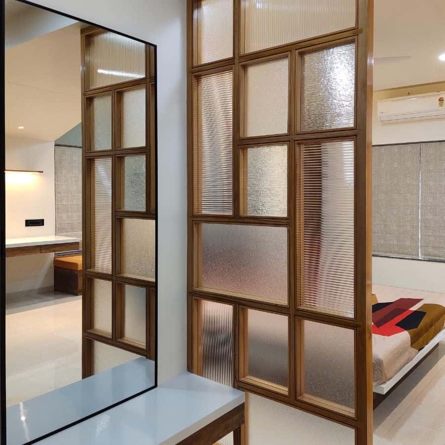 wood room divider with frosted glass windows