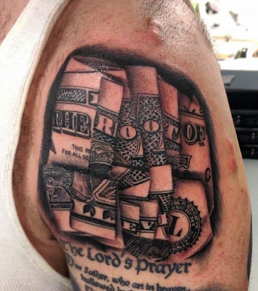 Root Of All Evil Men's Money Tattoos On Upper Arm