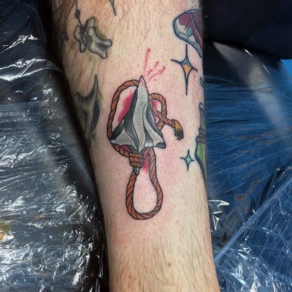 Rope Clenching Arrowhead Tattoo On Forearms For Guys