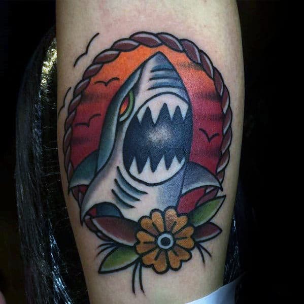 Rope Frame Mens Traditional Shark Leg Tattoo Ideas