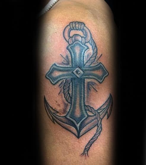 Rope With Anchor Cross Mens Arm Tattoos