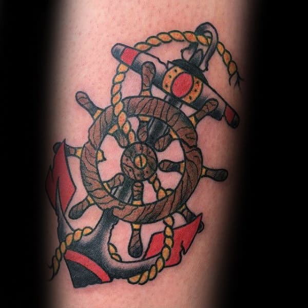 Rope With Ship Wheel And Traditional Anchor Male Arm Tattoos