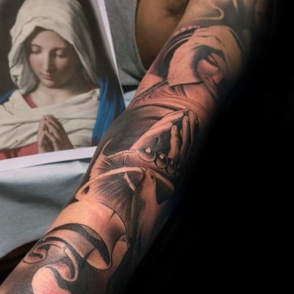 Rosary Beads With Praying Mother Mary Guys Full Arm Sleeve Tattoos