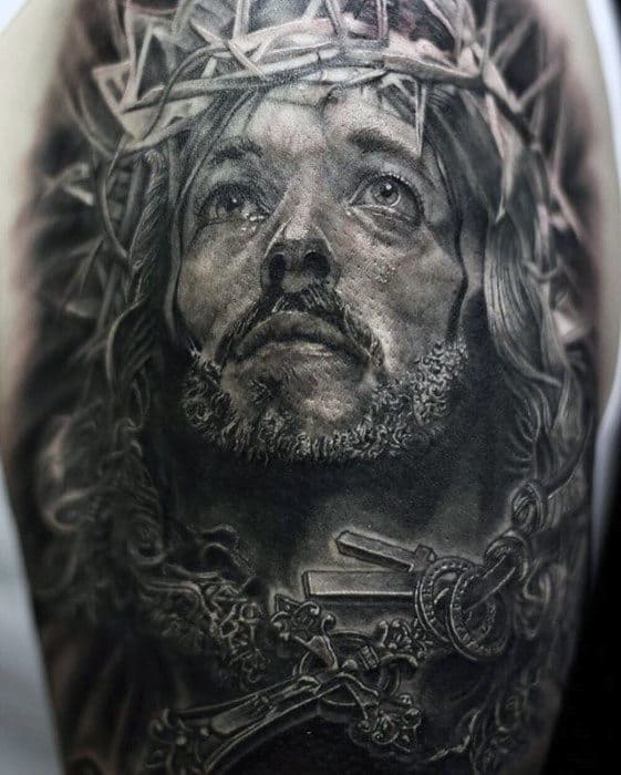 Rosary Cross With Jesus Male Arm Tattoo