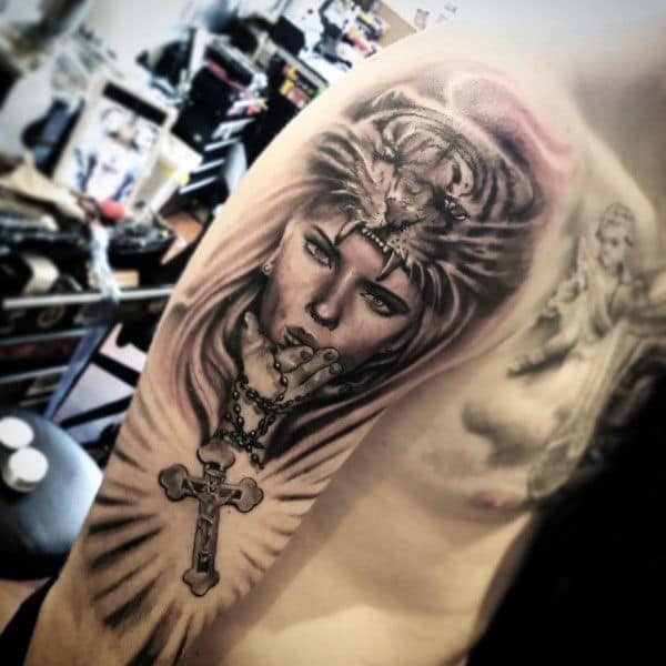 Rosary Tattoo On Arm Of Male