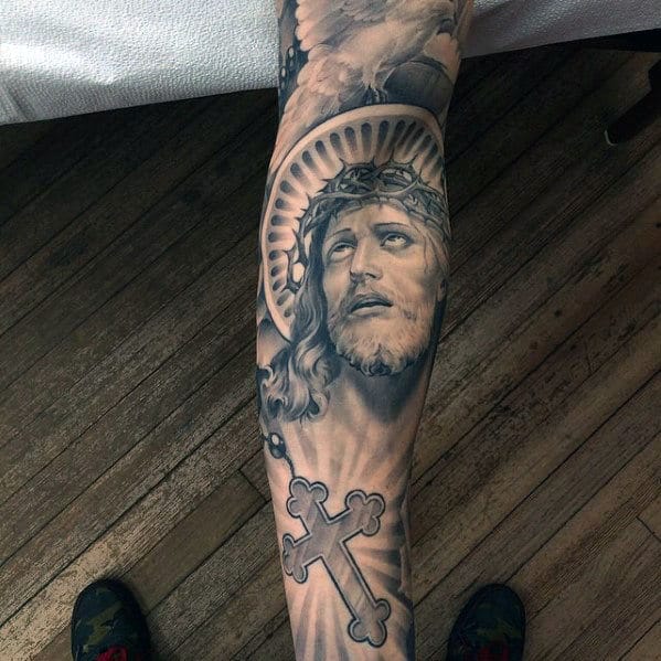 Rosary With Jesus Portrait Male Full Sleeve Tattoos