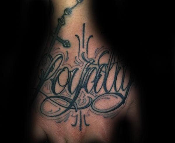 Rosary With Loyalty Word Mens Hand Tattoos