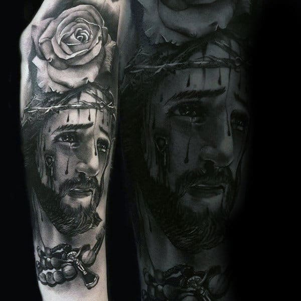 Rose And Jesus Religious Tattoo Male Sleeves