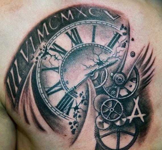 Chest Rose And Clock Tattoo For Men