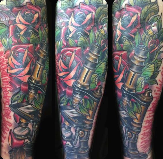 Rose And Microscope Science Tattoos For Men Full Sleeve