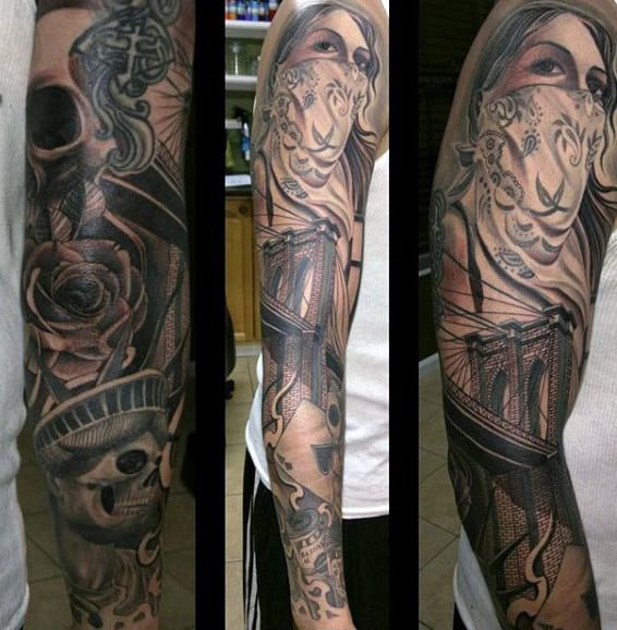 Rose And Statue Of Liberty Sleeve Skeleton Male Tattoo