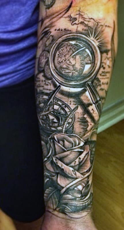 Forearm Rose Compass Tattoos For Men