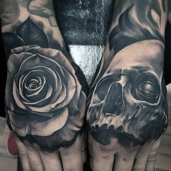 Rose Flower And Skull Mens 3d Hand Tattoos