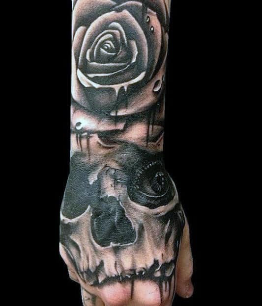 Rose Flower And Skull With Eye Mens Hand Tattoos