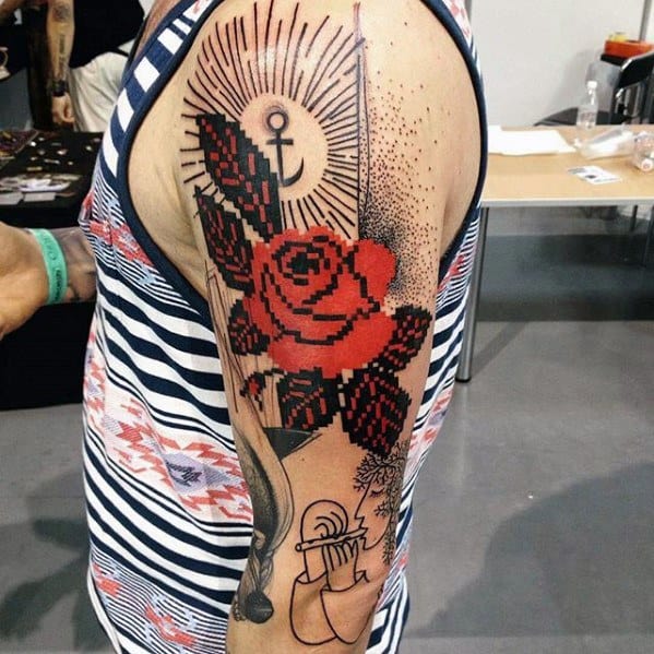 Rose Flower Arm Guys Pixel Tattoos