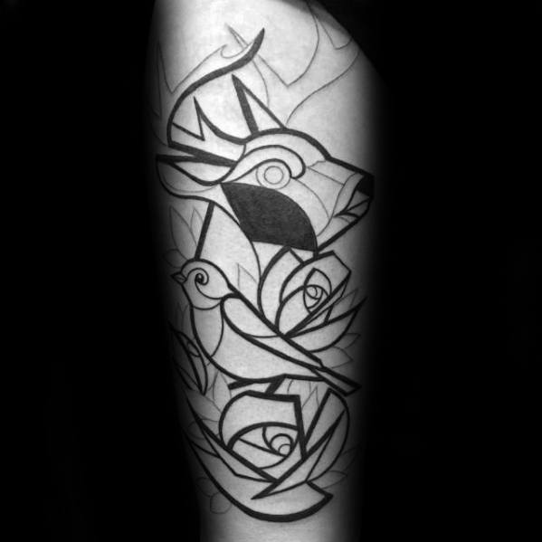 Black line Cubist tattoo featuring a geometric deer, bird, and roses, arranged in a stylized composition with bold angular outlines.