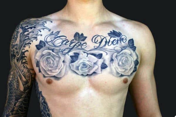 Rose Flower Carpe Diem Mens Tattoos On Chest