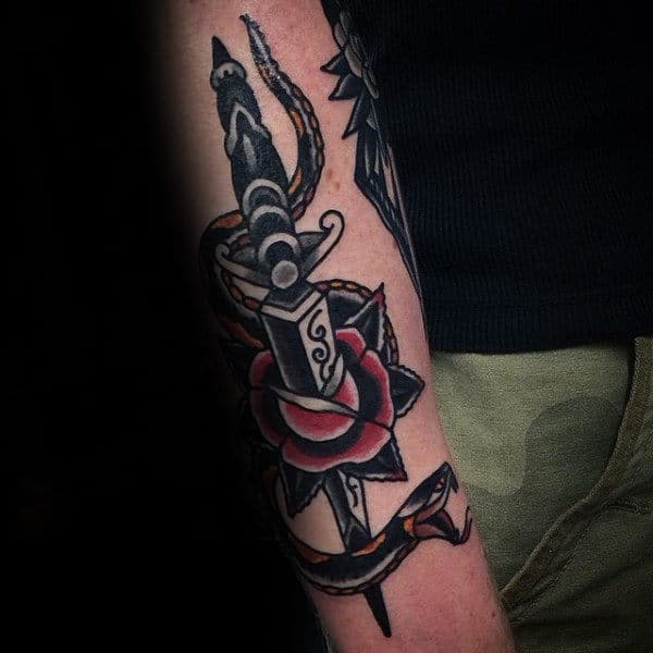 Rose Flower Dagger And Snake Traditional Tattoo On Gentleman