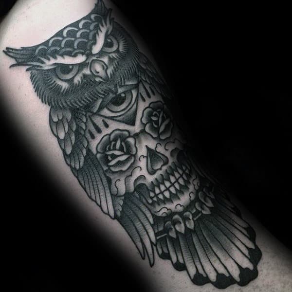 Rose Flower Eyes Skull With Owl Male Traditional Arm Tattoo