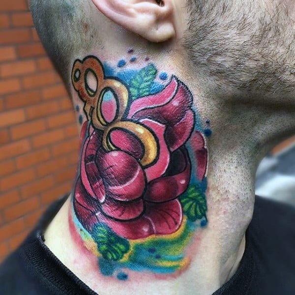 Rose Flower Gold Brass Knuckles Mens Neck Tattoo With New School Design