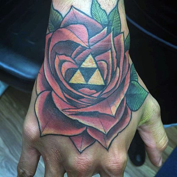 Rose Flower Golden Triangles Mens Triforce Hand Tatos