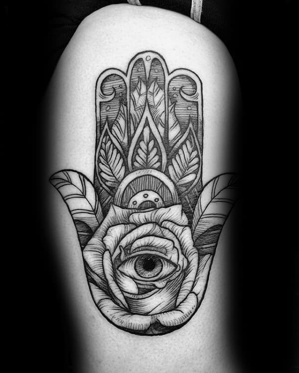 Rose Flower Hamsa Eye Mens Thigh Tattoo