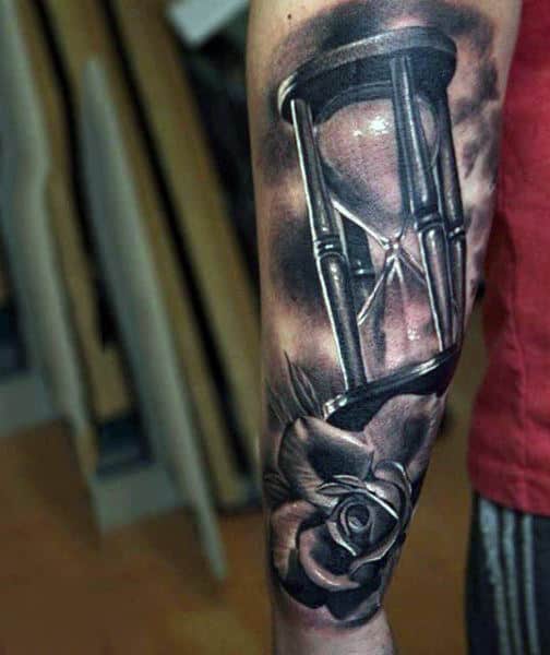 Rose Flower Hourglass Lower Arm Mens Tattoos