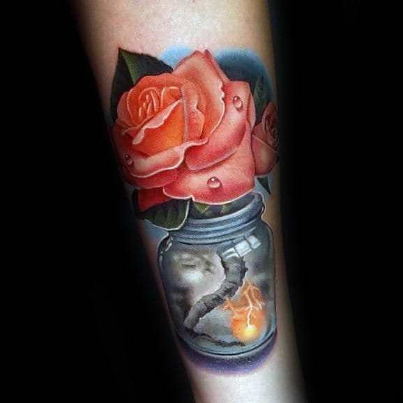 Rose Flower In Glass With Tornado Roots Mens Creative New School Tattoos