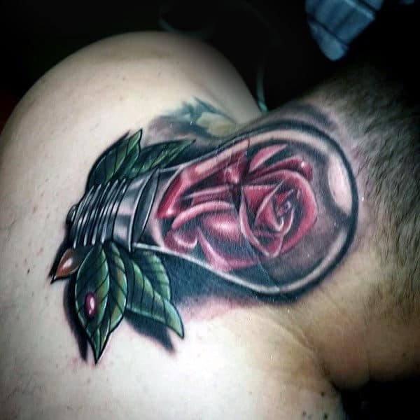 Rose Flower Inside Light Bulb Mens Neck Tattoo Ideas