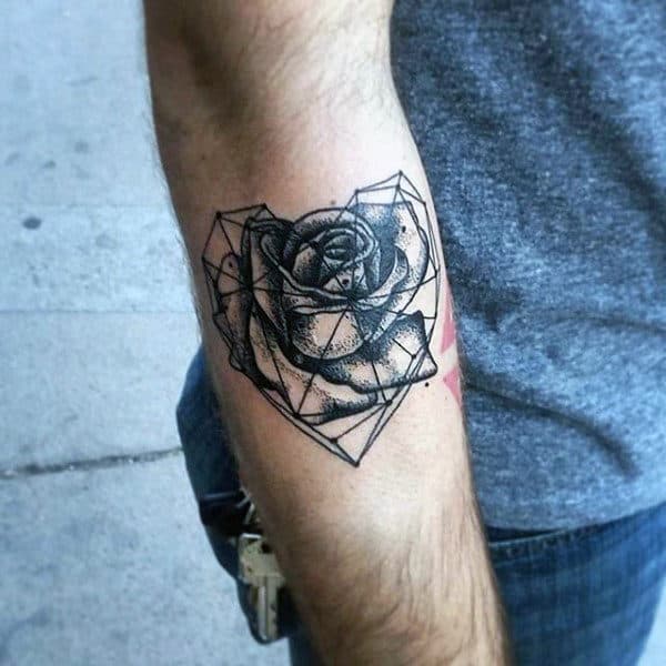 Rose Flower Male Geometric Heart Outer Forearm Tattoo