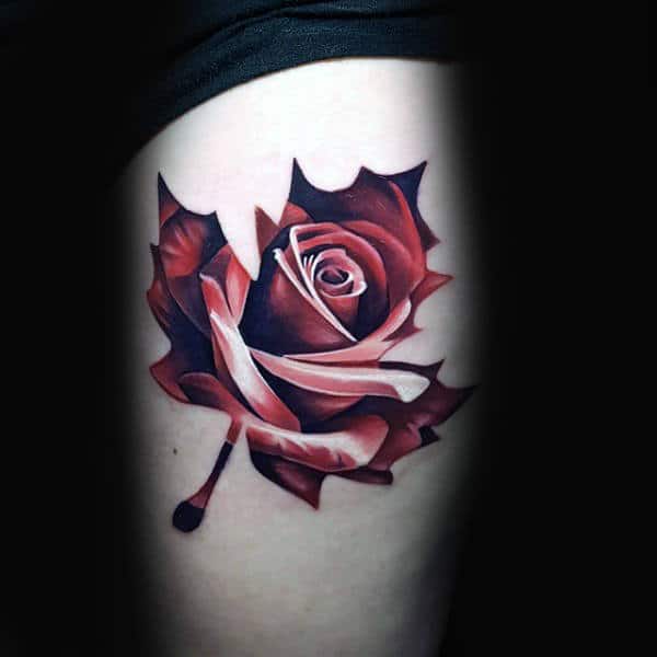 Rose Flower Maple Leaf Male Thigh Tattoos