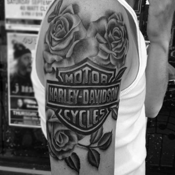 Rose Flower Memorial Harley Davidson Mens Upper Arm Tattoo