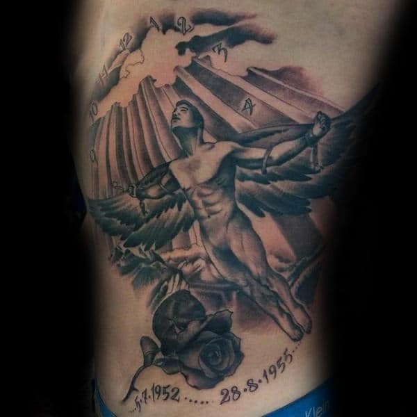 Rose Flower Memorial Icarus Guys Ribs Tattoo