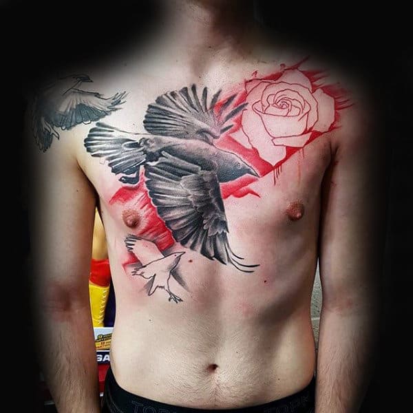 Rose Flower Mens Crow Chest Tattoo Ideas