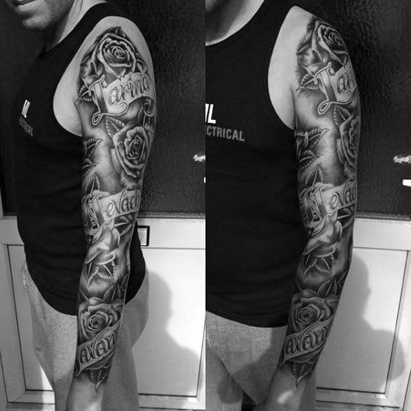 Rose Flower Mens Full Sleeve Name Tattoo With Banner Design