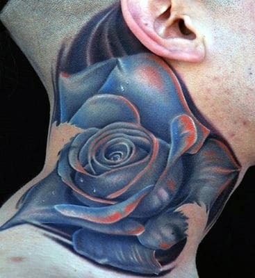 A large blue and red rose tattoo located on the side of a person's neck